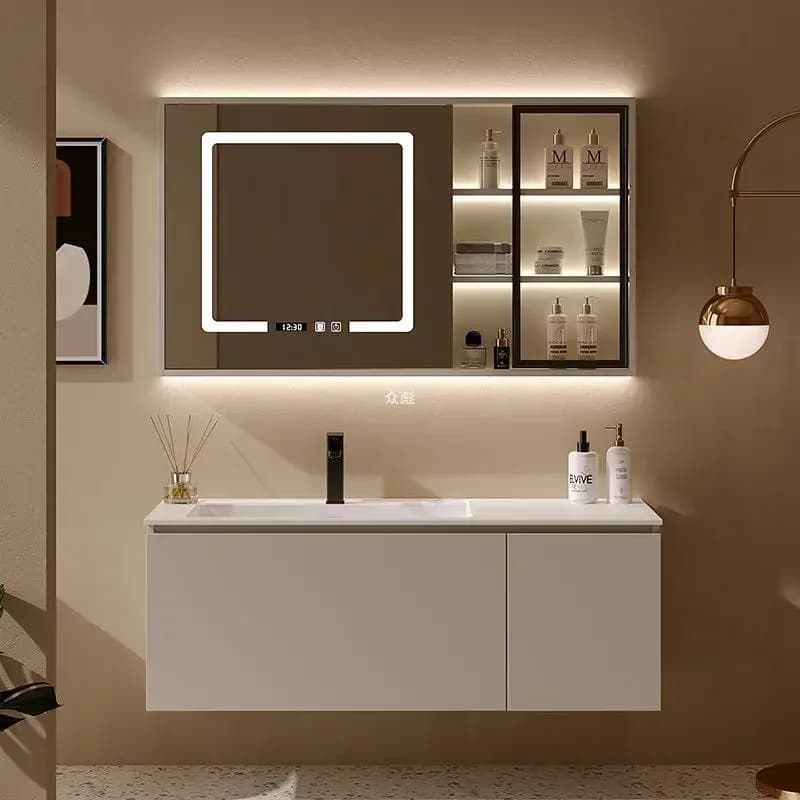 Modern Bathroom Vanity with Nano Slate Basin Combination Smart Mirror Cabinet Lacquered Slate Seamless Integrated Sink Furniture