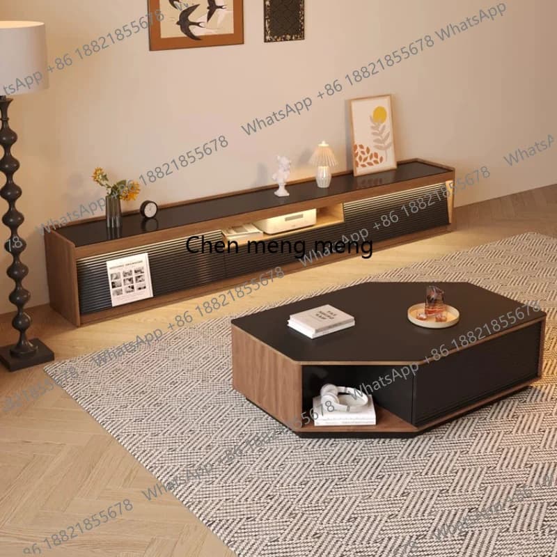 Vintage-style TV cabinet, floor-standing  living room home walnut stone board solid wood coffee table, combination TV cabinet