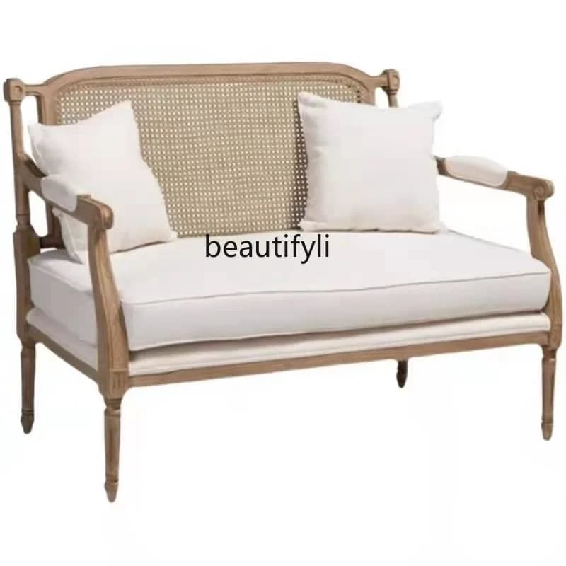 French Solid Wood Rattan Sofa Retro Distressed Single Leisure Chair Living Room and Hotel Villa