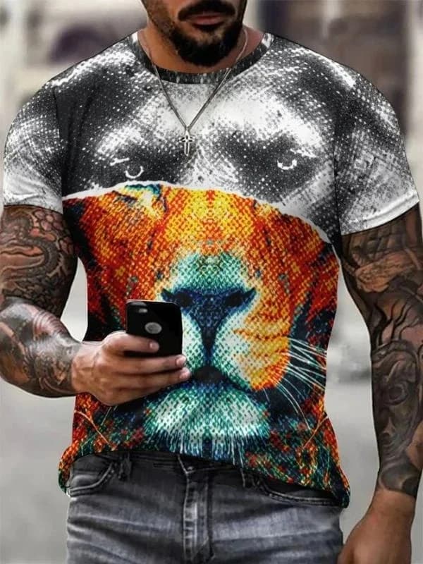 Summer Men's Printed Casual Crew Neck Short Sleeve T-Shirt The King Lion  3D Printed T Shirt