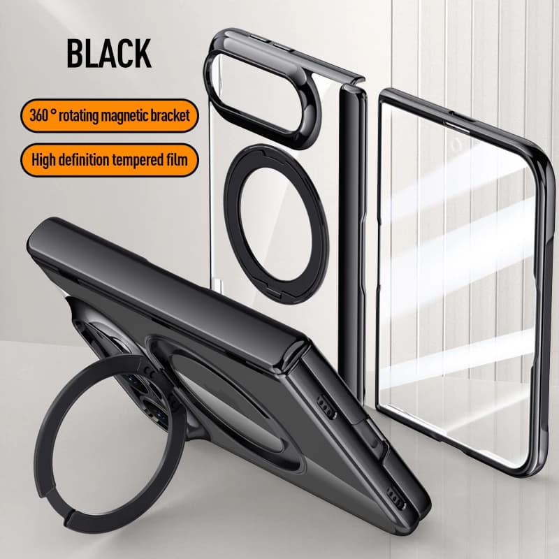 For Magsafe Case For iPhone Duo Electroplating Transparent Magnetic Rotating Bracket Hinge With Tempered Film Shockproof Cover