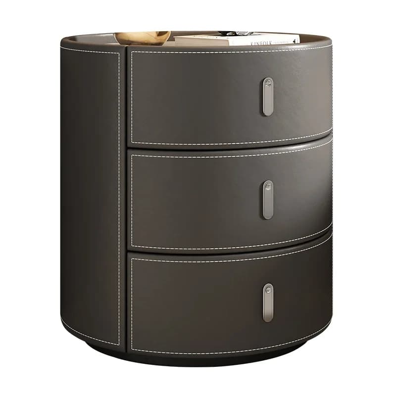 LH saddle leather bedside table minimalist bedroom high-end light luxury rock slab round solid wood bedside cabinet