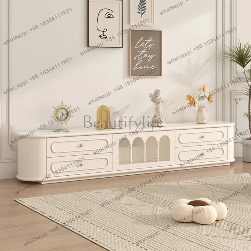 French Solid Wood TV Cabinet Set Minimalist White Living Room Luxury Changhong Glass TV Cabinet Designer Home Furniture