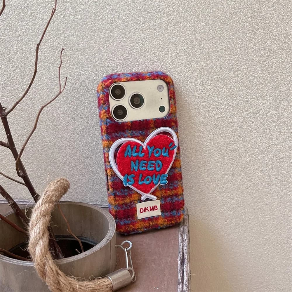 Korea Ins Winter Tweed Plush Love Heart Embroidered Phone Case All You Need Is Love For iPhone 18 17 16 15 Pro Max Cartoon Cases