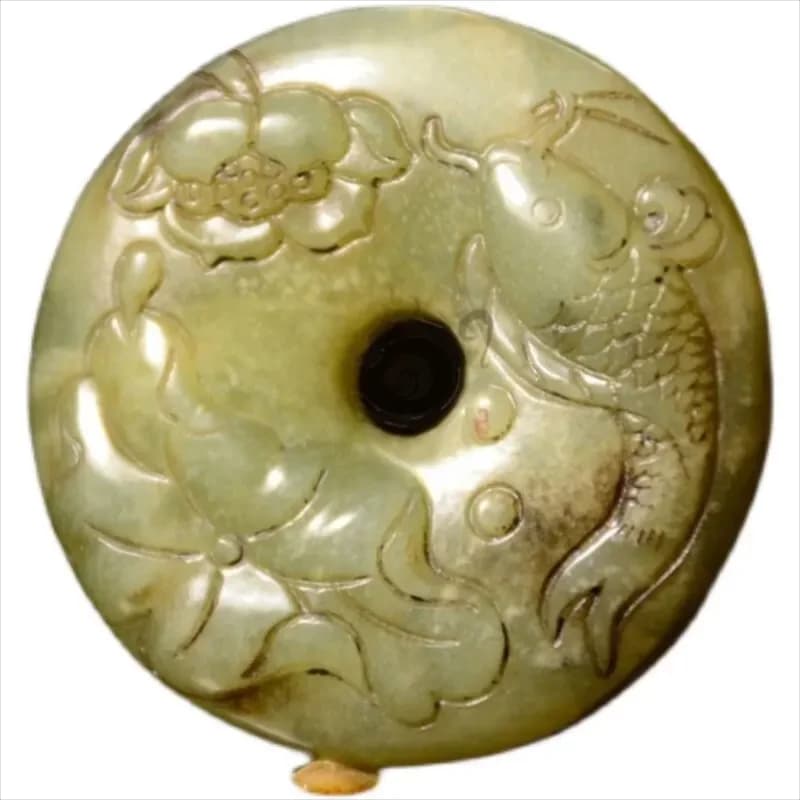 Antique Old Jade Ping An Buckle Pendant Hand Carved Carp Lotus Pattern Vintage Chinese Hetian Jade Bi Disc Lucky Wealth Amulet N