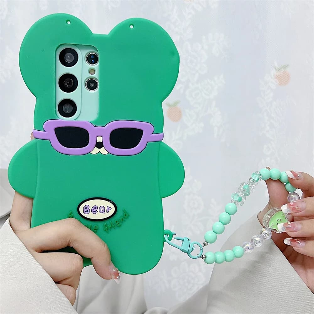 Y2K Sunglasses Cool Bear Phone Case for S26 Ultra Wrist Chain Crossbody Strap Silicone Cover for Samsung Galaxy S25 S24 S23 A57