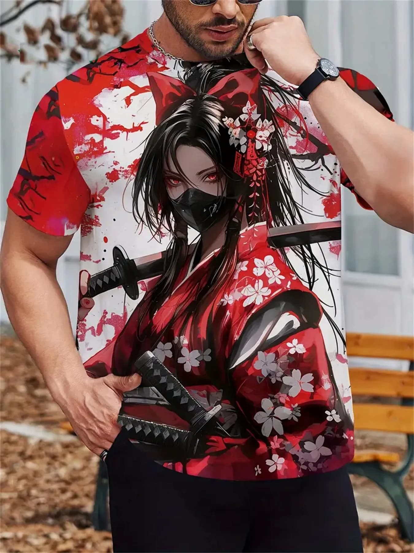 Sakura Samurai Pattern Men's T-Shirt Japanese Anime Short Sleeve T-Shirts Harajuku Tops Summer Oversized Casual Men's Clothing