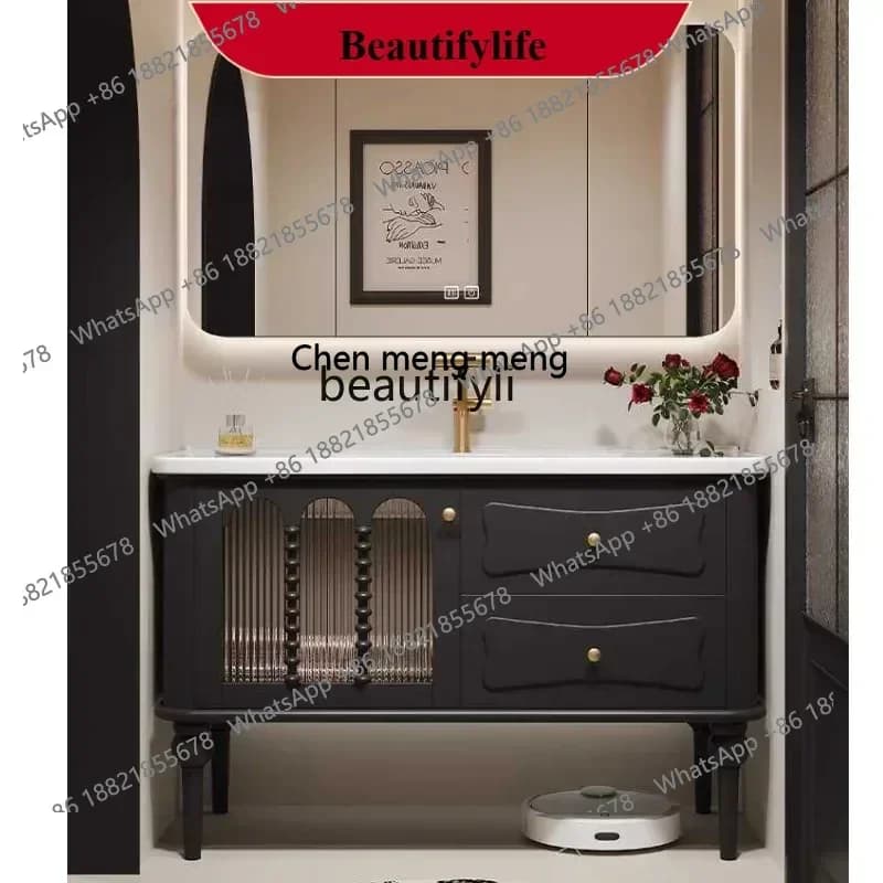 X   French Retro Floor Bathroom Cabinet Ceramic Whole Washbin Sink Oak Wash Inter-Platform Basin