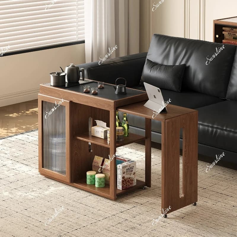 New balcony mobile small tea table household telescopic, Chinese style, small solid wood