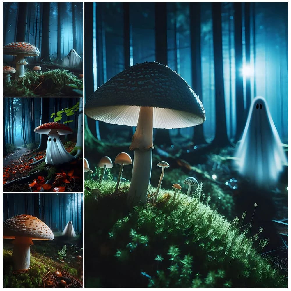 Mushroom Ghost,Abstract Wall Art,Canvas Painting,Botanical Mushroom And Gothic Spooky,Art Poster Print,Home Decoration Unframed
