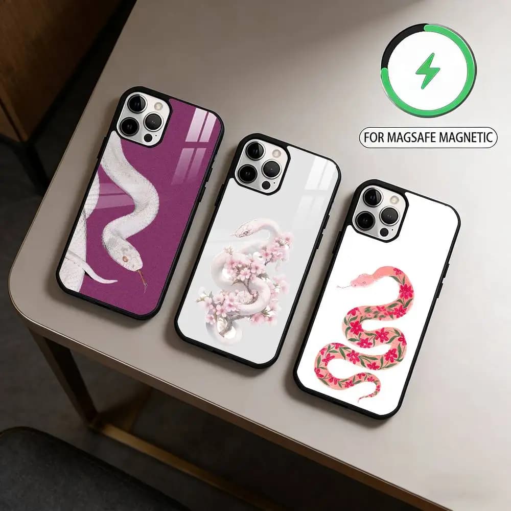 I-Illustration Plum Blossom Snake  Phone Case For iPhone17,16,15,14,13,12,11 Plus,Pro Max Magnetic For Magsafe Wireless Charging