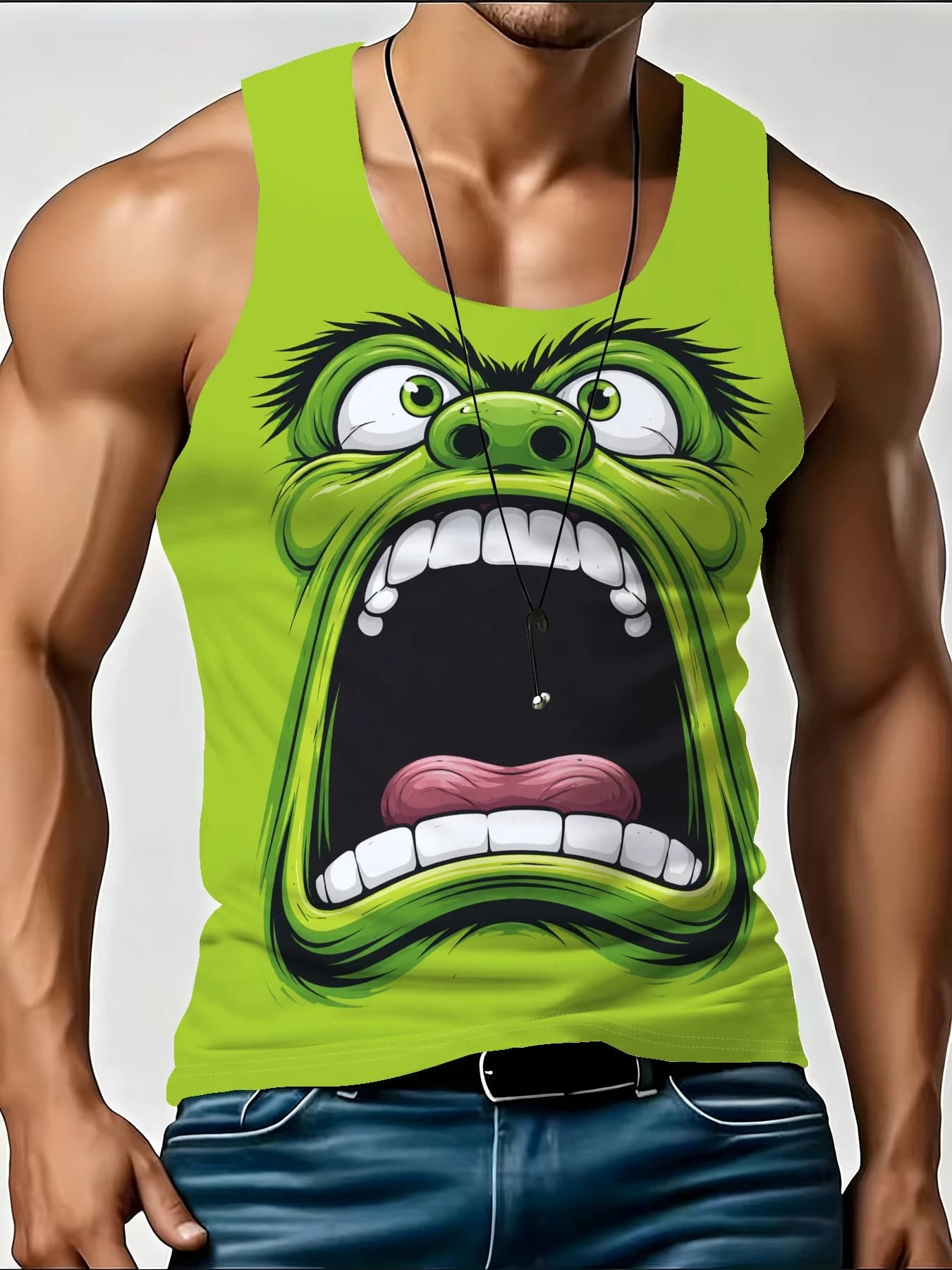 Men's Green Monster Big Mouth Cartoon Graphic Tank Top, Sleeveless Muscle Vest Summer Casual Workout Tank Shirt
