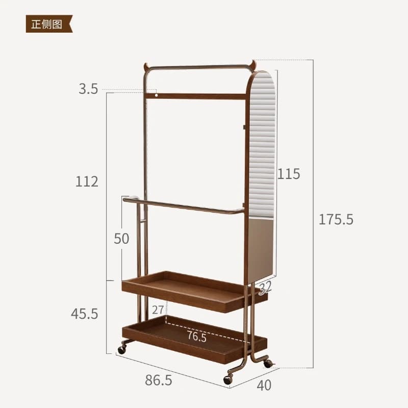 XL Floor-standing Clothes Rack Movable Storage Rack Bedroom Bedside Metal Dressing Mirror Coat Rack Integrated