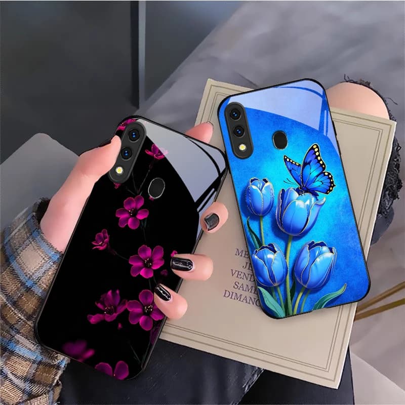 Blue-flowered butterfly For Samsung Galaxy A70 A71 A72 A73 A8s A51 A56 A55 A54 A35 A34 A32 A30 A26 A25 A24 23 Glass Phone Case