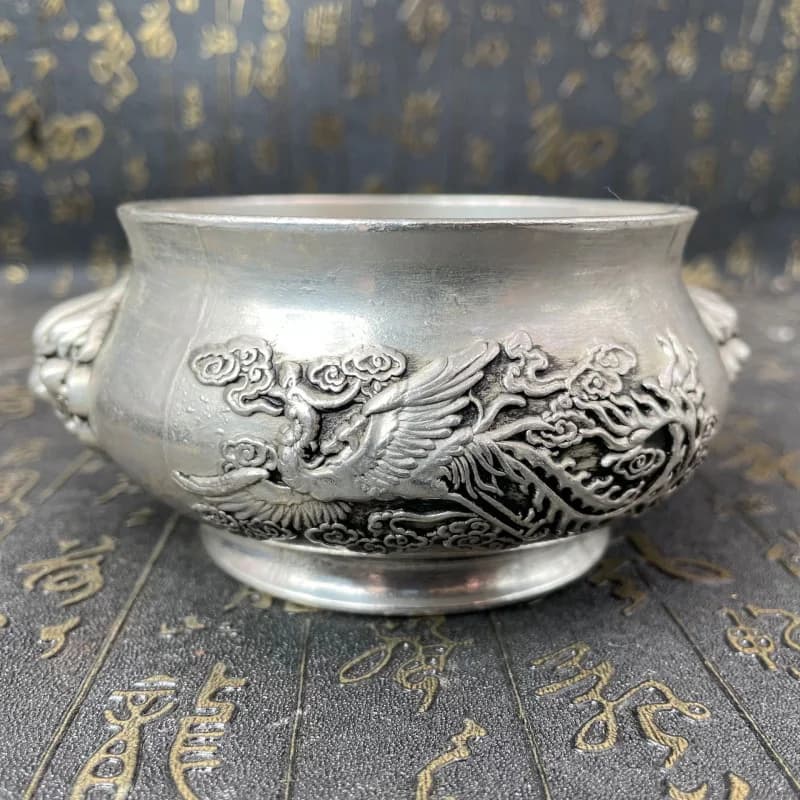 Antique-Style Alloy Lion Head Dragon Phoenix Cylinder Relief Decorative Craft Figurine Miscellaneous Items