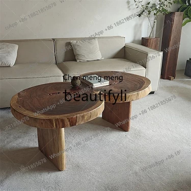 D178  Art double circle coffee table medieval solid wood South American black walnut edge table design low coffee table