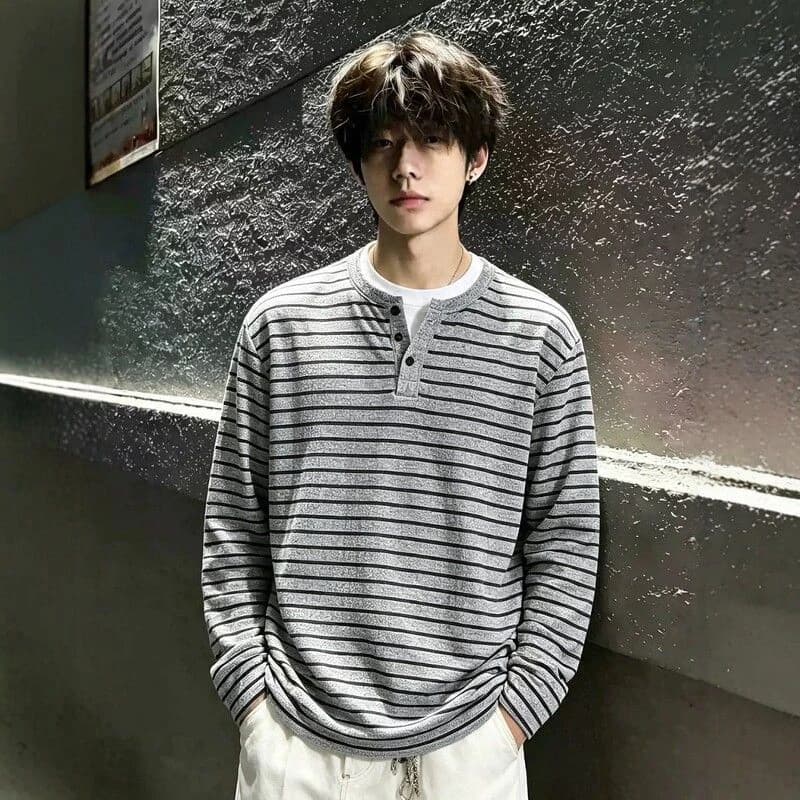 Men Fake Two Piece Henley Long Sleeve T Shirt Autumn Striped Loose Old Money Style Regular Shoulder Tee Casual Layering Base Top