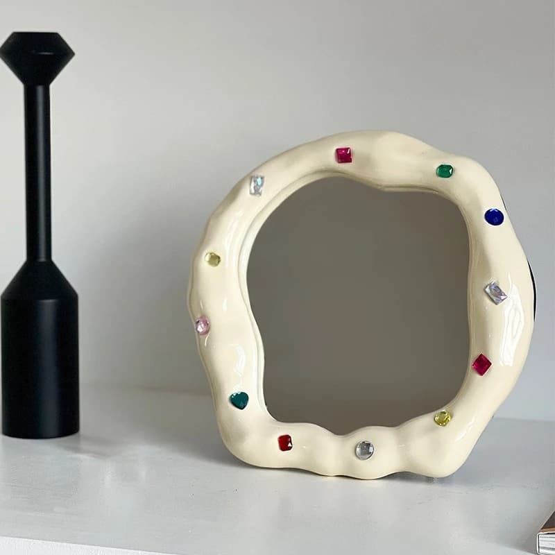 Creative Gemstone Ceramic Makeup Mirror, High-value Dressing Table Mirror, Diamond Tray Home Decor, Photography Decoration Gift