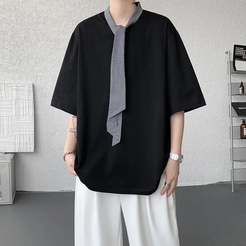 2026 Summer New Style Men's Short-Sleeved Color-Matched Patchwork Student Half-Sleeve Large Size T-Shirt