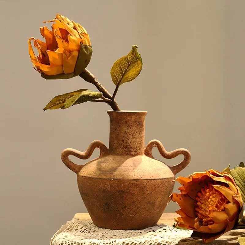 Ceramic Vase Retro Pot Rough Pottery Geometric Handle Flower Vase Flower Arrangement Accessories Flowerpot Home Decoration