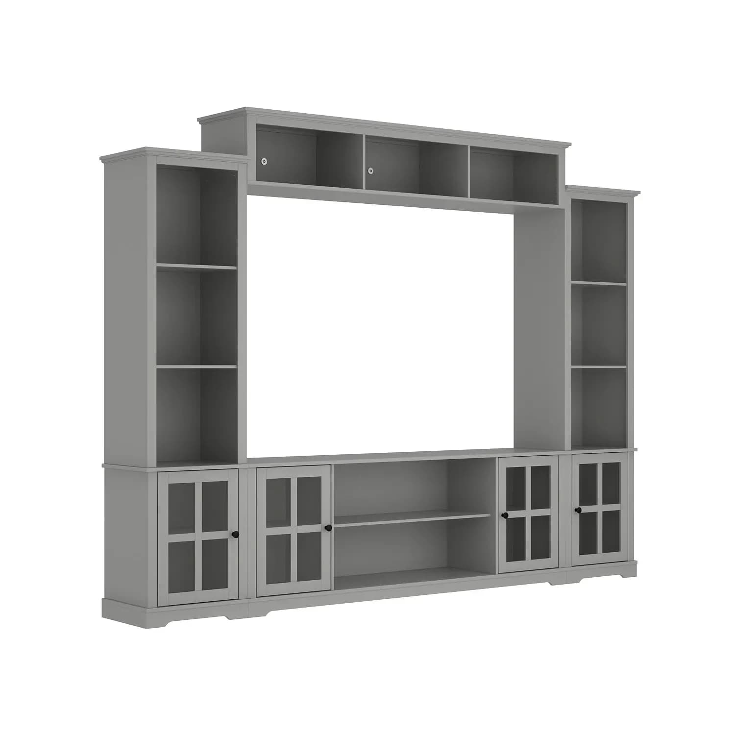 Modern TV Stand for up to 66" TVs, 4-Piece Wall Unit with Bookshelves, Glass Doors & Open Shelves, for Living Room