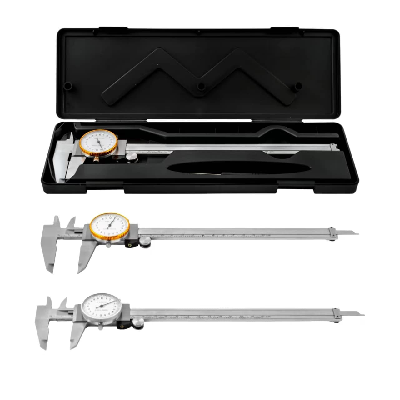 0 - 300 mm High-precision Stainless Steel Dial Caliper for Accurate Measurement. Golden and Silver Dial Design.