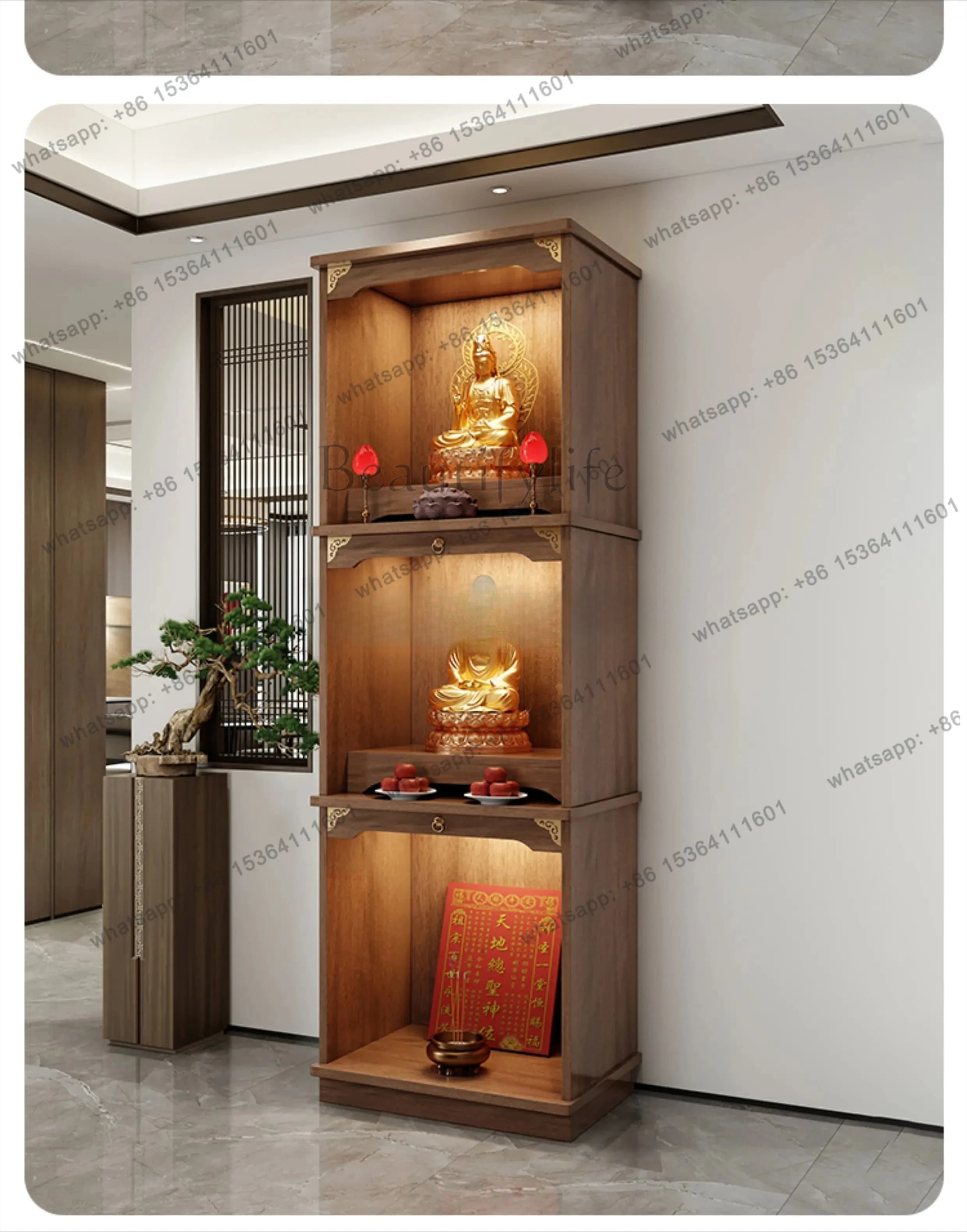 solid wood God of Wealth shrine new Chinese vertical cabinet three-layer offering table household offering table