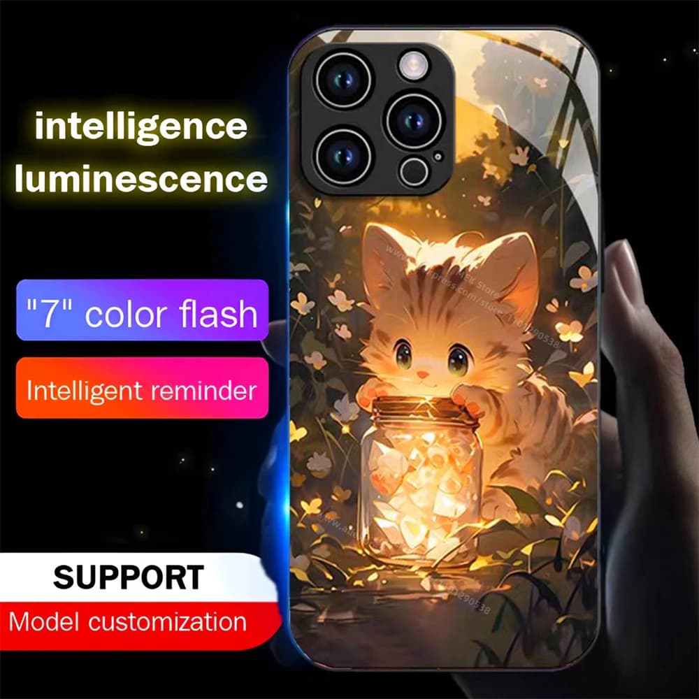 Wishing Bottle Cat Sound Control LED Flash Cases Luminous Glass Cover For iPhone Air 18 17 16 E 15 14 13 12 11 Pro Max Plus