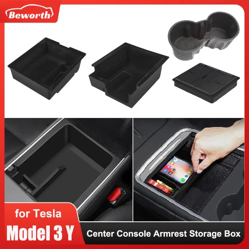 Car Storage Box For Tesla Model Y 3 2019-2023 Center Console Trays Armrest Hidden Box Bins Cup Holder Organizer Car Accessories