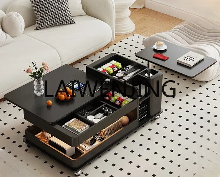 Stone Plate Mobile Coffee Table Rectangular Small Apartment Living Room Trolley Multi-Function Lifting Tea Table Household