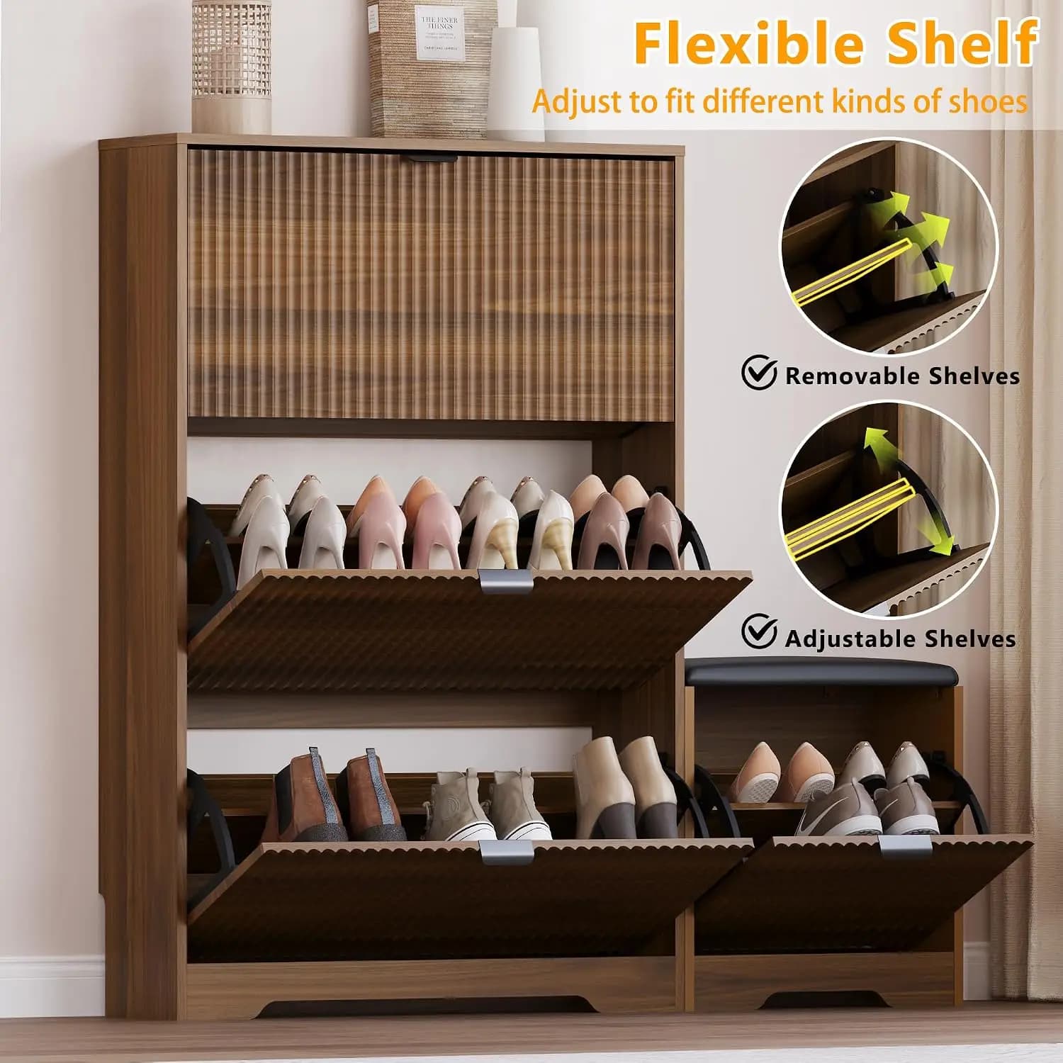 Slim Shoe Cabinet with Bench for Entryway, Hidden Storage and Adjustable Shelves, Free Standing Wooden Shoes Organizer for Hallw