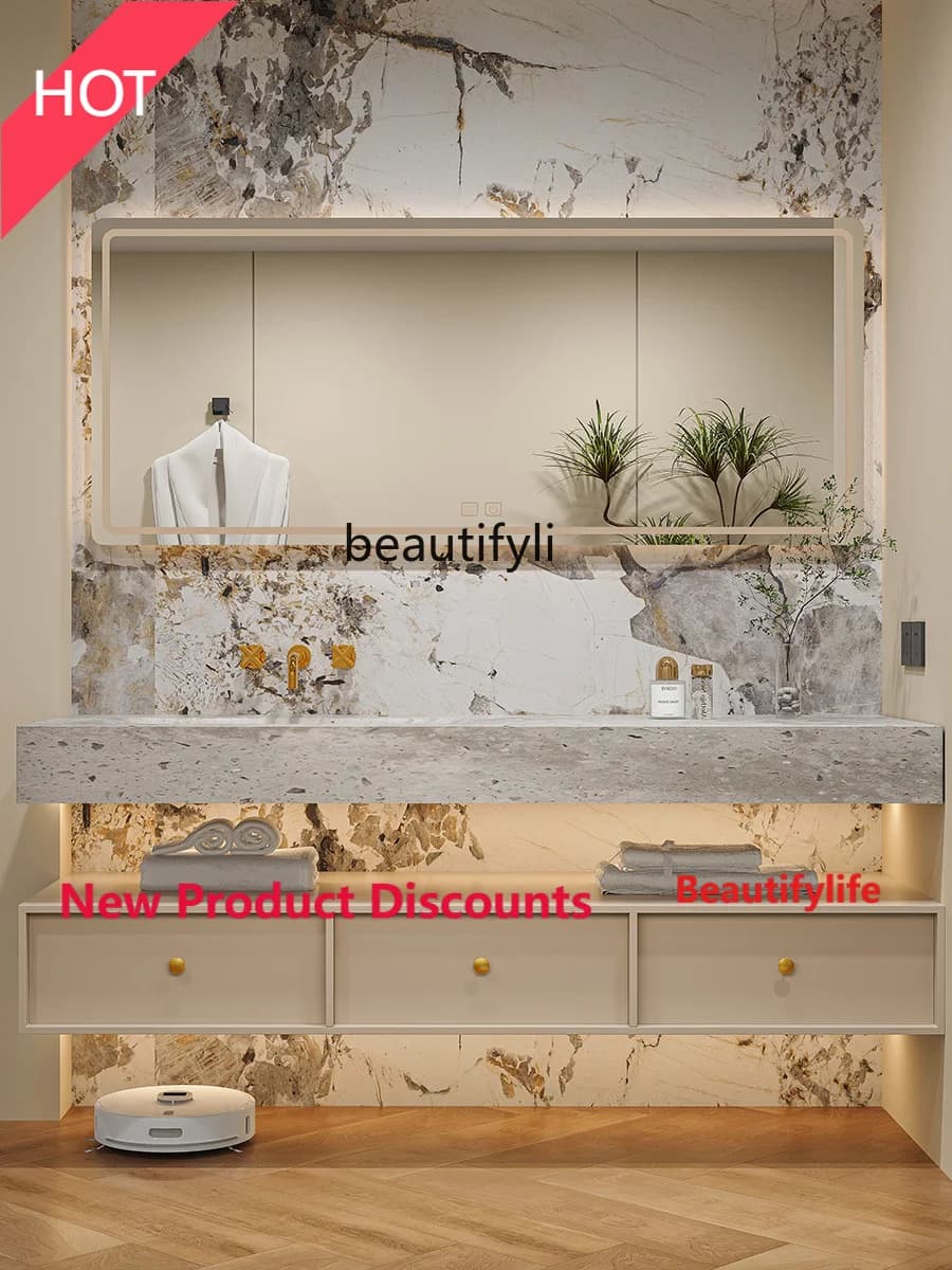 MM45 Corian Whole Washbin Hanging Rubber Wood Bathroom Cabinet Combination Bathroom Table Cabinet