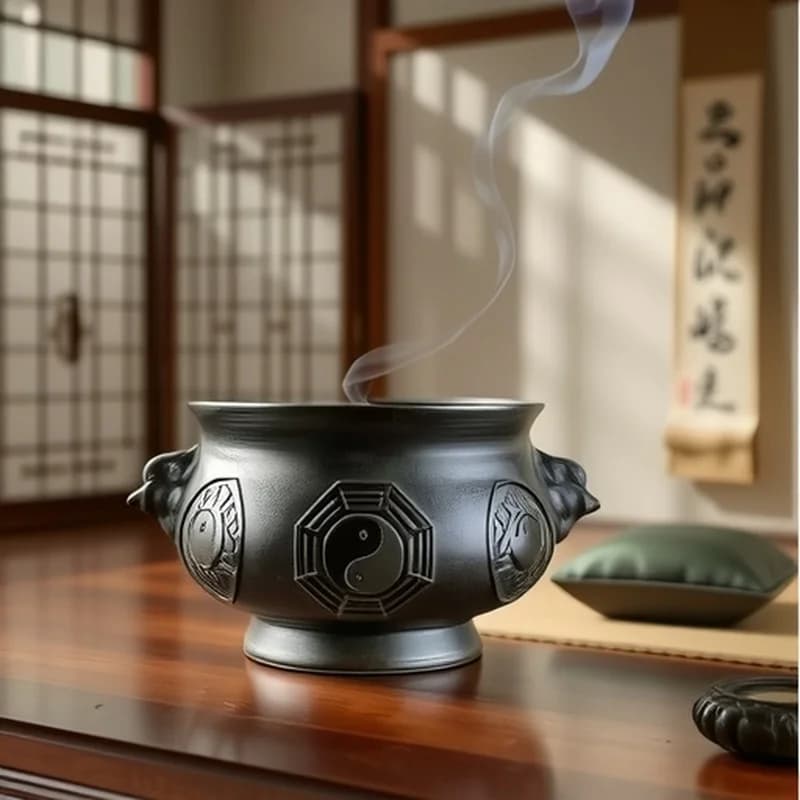 Eight-Trigram Four Divine Beasts Incense Burner, Antique-Style, Made of Purple Copper Alloy, for Buddhist Temples and Home Use,