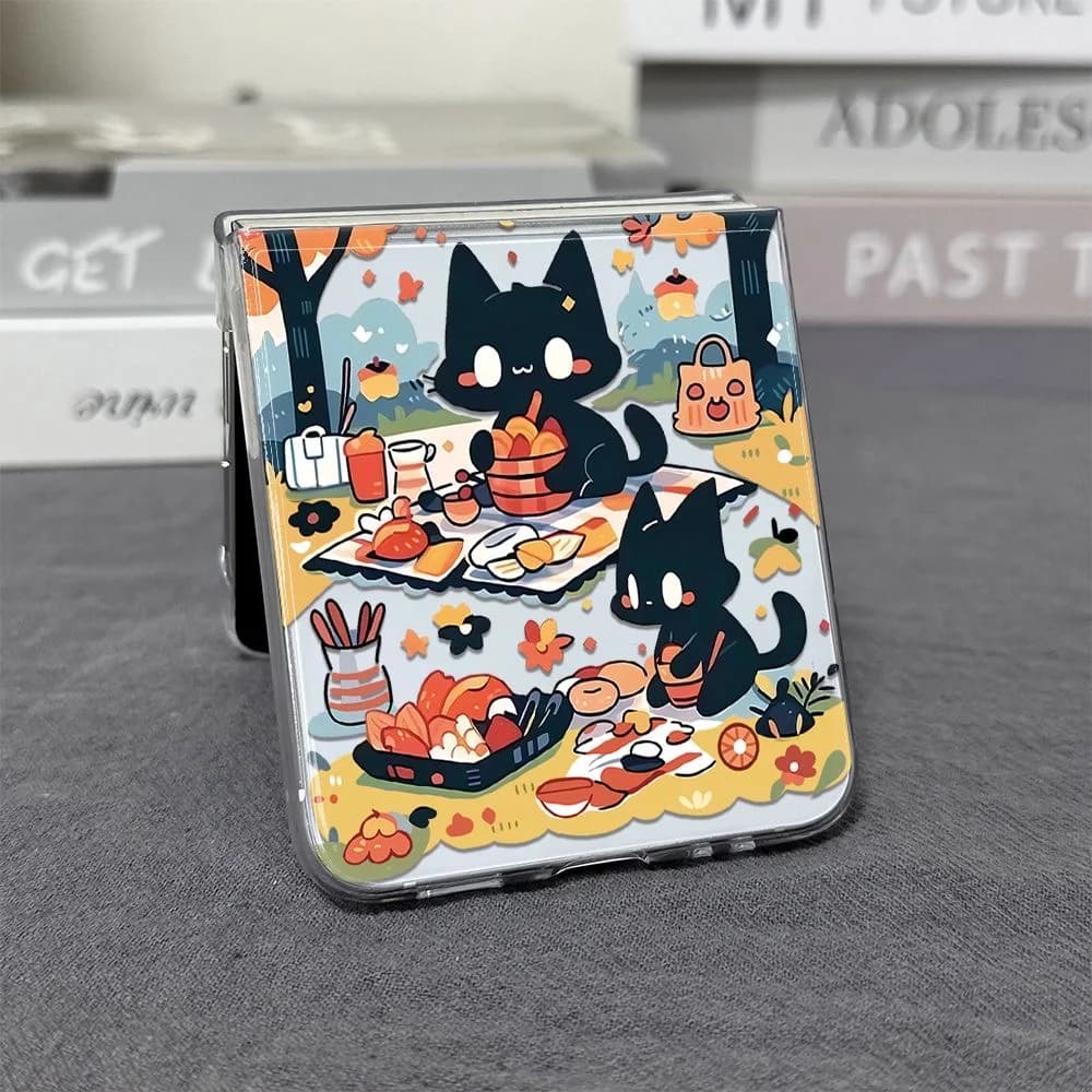 Funny Cute Picnic Black Cat Phone Case For Samsung Galaxy Z Flip 5 6 ZFlip 7 Clear Folding Cover For Samsung ZFlip 8 4 3 Shell