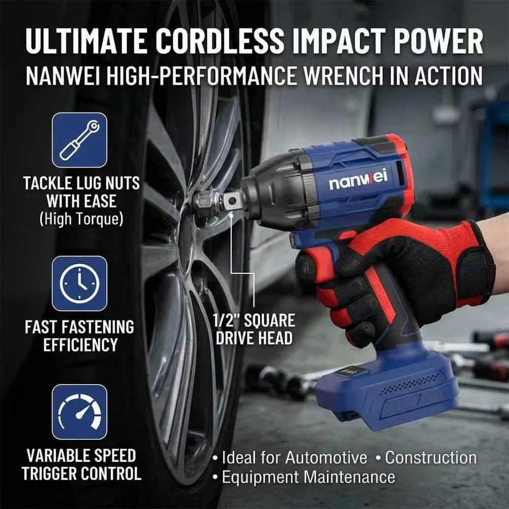 20V Cordless Brushless Impact Wrench 500Nm Electric Power Tool for Car Truck Tire Removal with Dual Lithium Battery