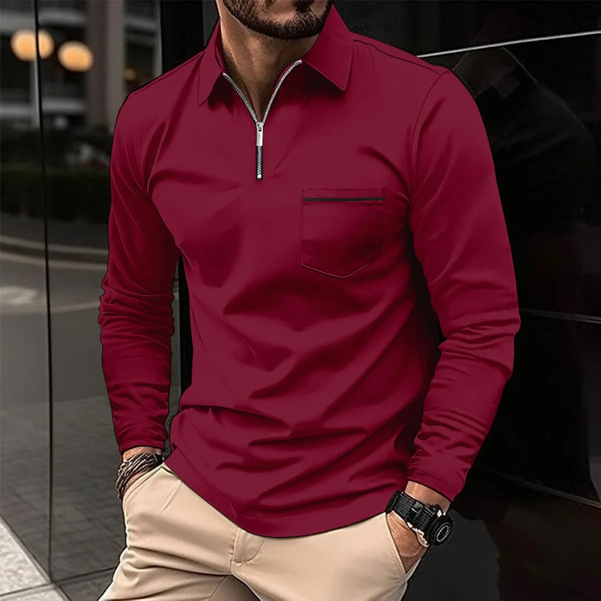 Casual Men's POLO Shirt Zipper Pocket Decorative Lapel Classic Trend Solid Color Comfortable High Quality Long Sleeve Tops