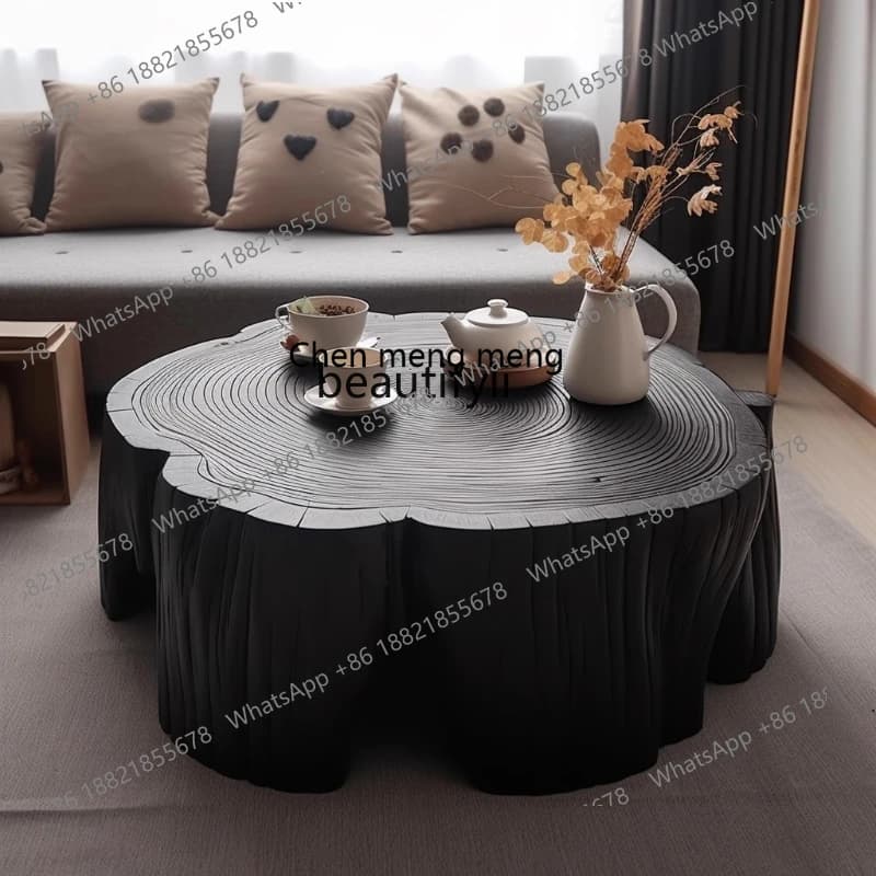 E153 Style Solid Wood Coffee Table Carbonized Home Minimalist Living Room Homestay Furniture Nordic Round Natural Wood Stool
