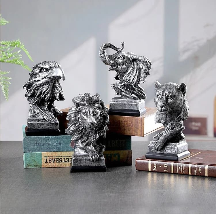1Pcs Retro Animal Lion and Elephant Head Sculptures, Resin Animal Sculptures, Home Decor Desktop Accessories