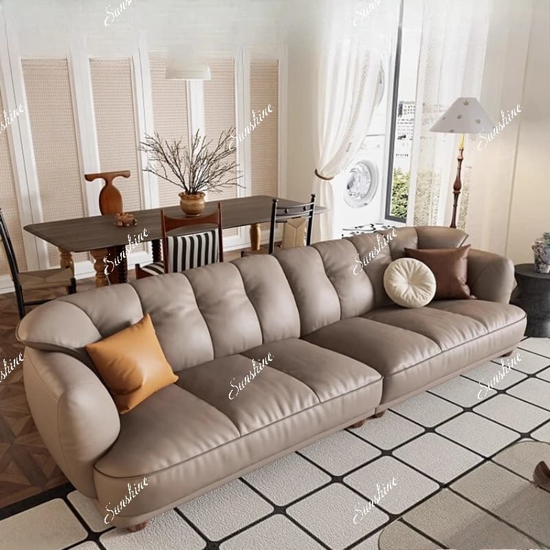 Retro leather sofa, living room Italian minimalist modern light luxury, straight row