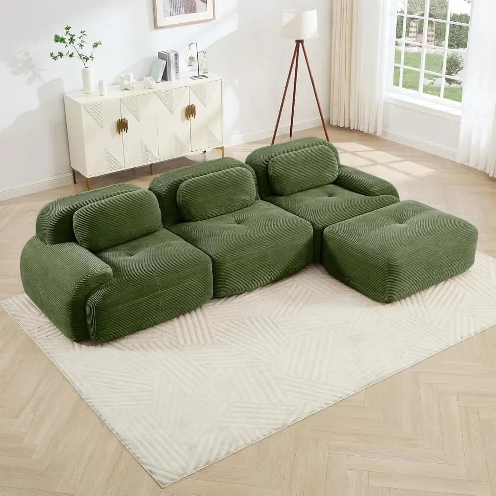 117" Modern Corduroy Cloud Sofa with Ottoman, L Shaped Boneless Modular Large Sectional Couches for Living Room, Green 3 Seater