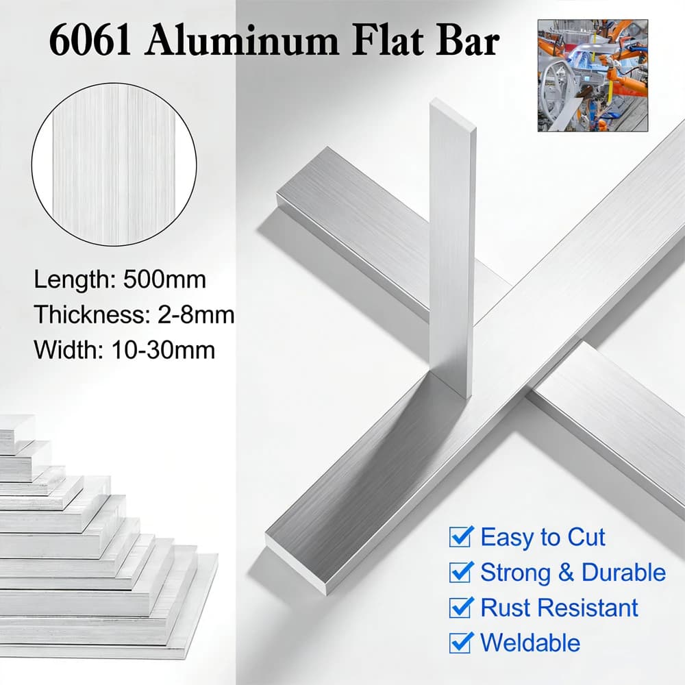 1pcs 6061 Aluminum Flat Bar for Multiple Uses, 500mm Length, High-Strength Stock for Industrial,Craft & DIY Thickness2/3/4/6/8mm