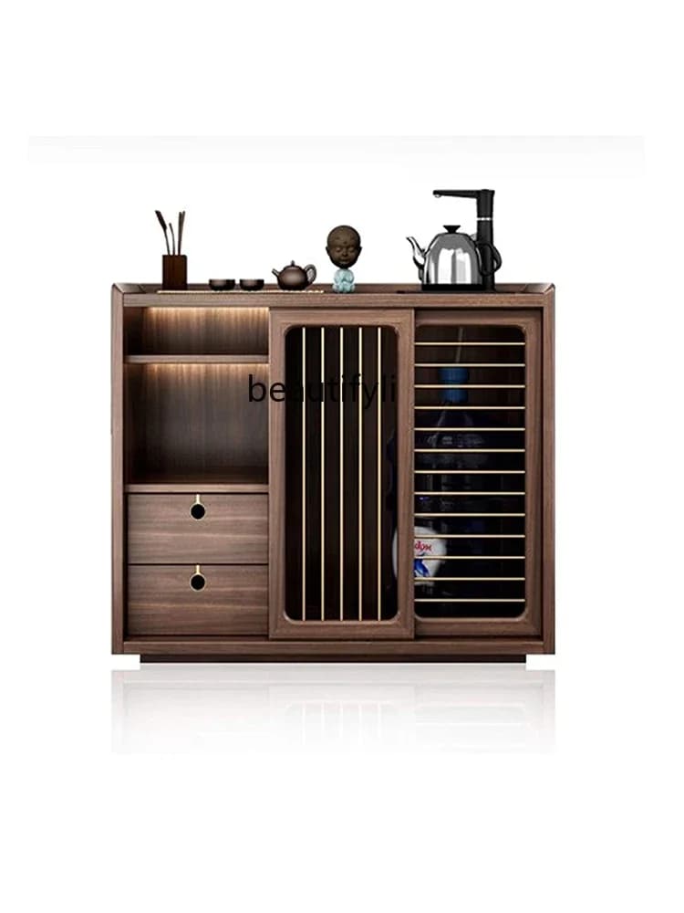 North American solid wood mobile tea cabinet household tea room tea side cabinet kettle integrated storage rack side table