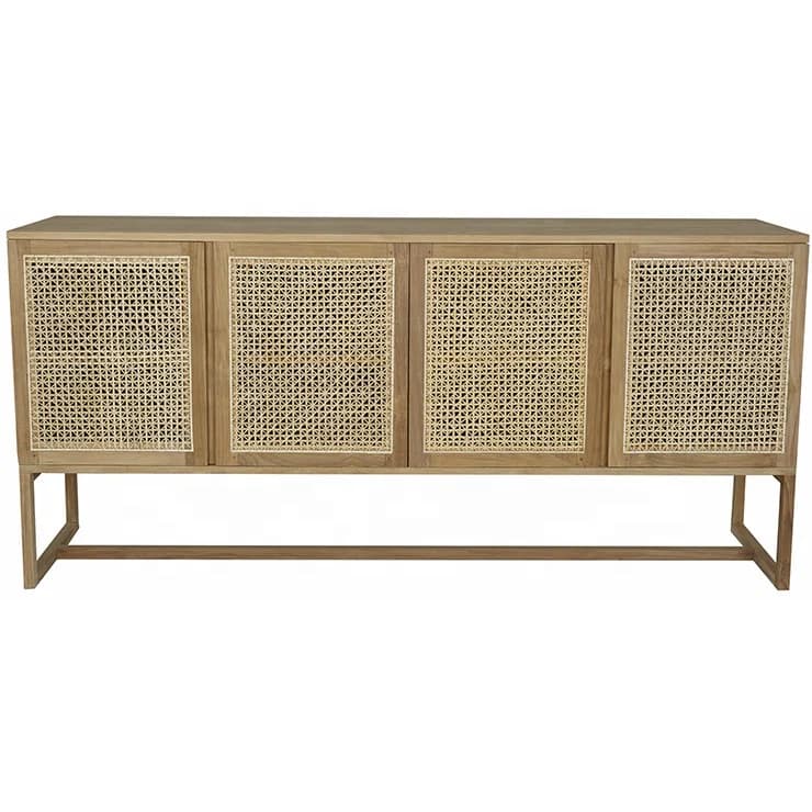 Nordic Contemporary 4-Door Wooden Sideboard Cabinet Cane Rattan for Home Bar Living Room Entry Hotel or Apartment