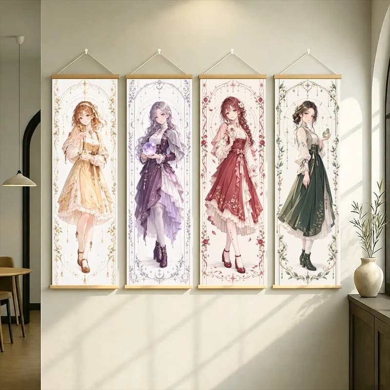 Anime Women in Gold, Purple, Red and Green Ruffled Dresses Wall Scroll with Vintage Inspired Floral Borders for a Bedroom