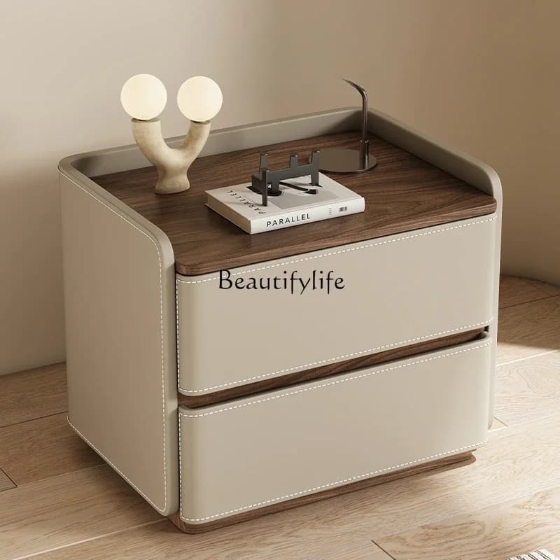 88.All solid wood modern simple bedside table saddle leather light luxury bedroom high-end cabinet storage side cabinet