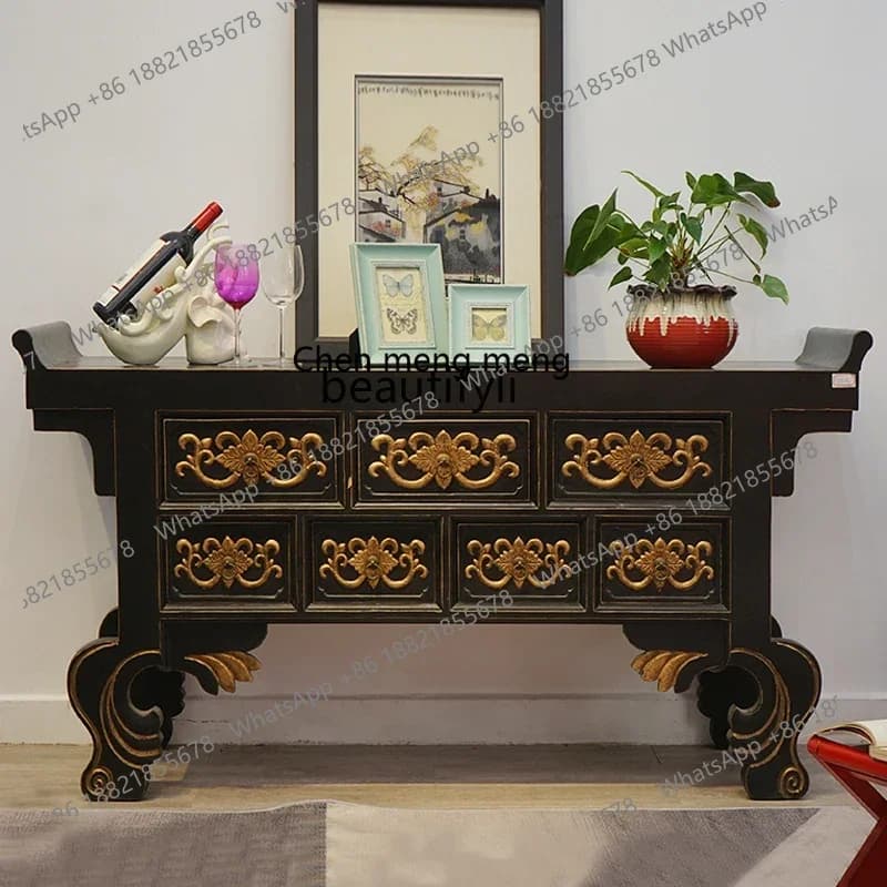E153 Old Elm Wood Strip Case Living Room Partition Entrance Cabinet Solid Wood Hallway Case Carved Head Case Altar