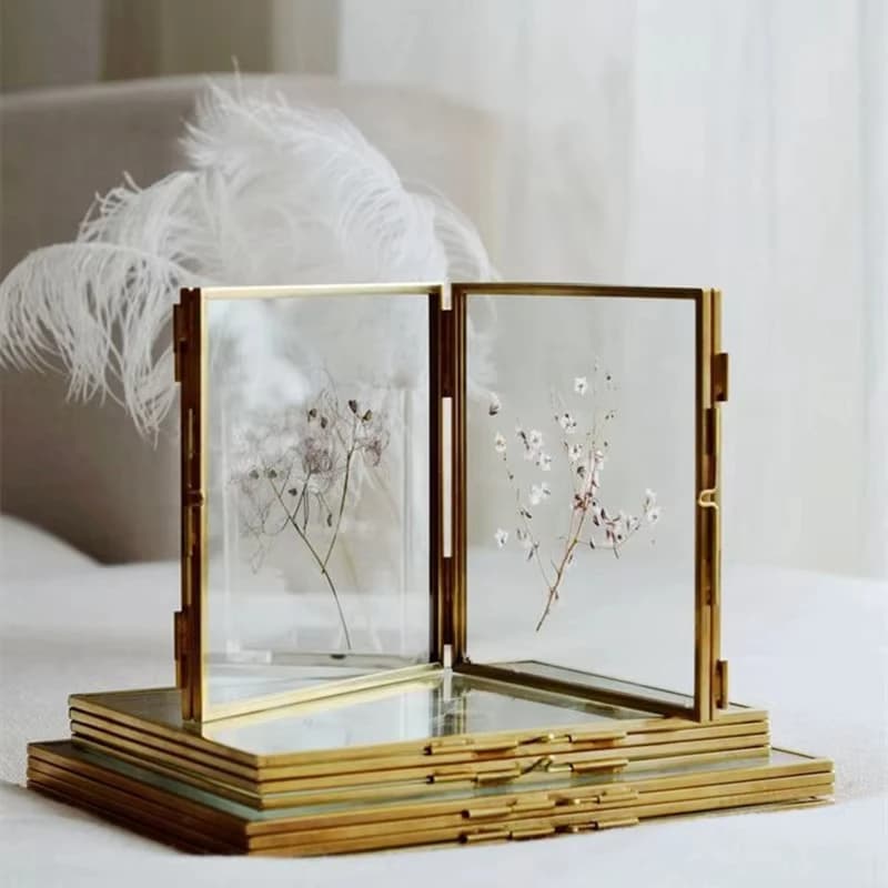 Cutelife Nordic Golden Double Glass Iron Photo Frame Square Home Decoration Wall Picture Frame DIY Art Flower Table Photo Frame