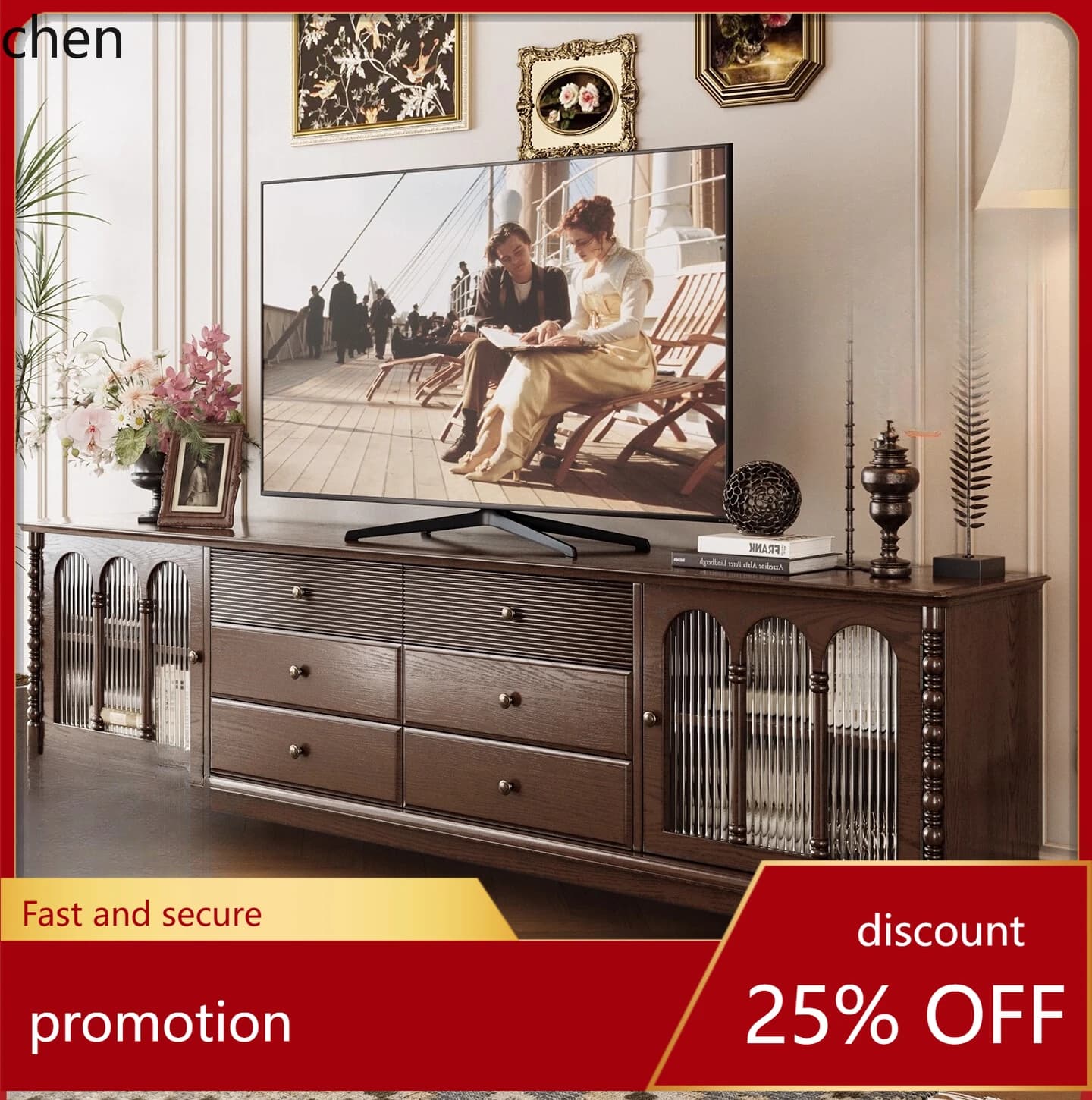 HT Vintage Style Solid Wood Coffee Table and TV Cabinet Set Retro New Model TV Cabinet Storage