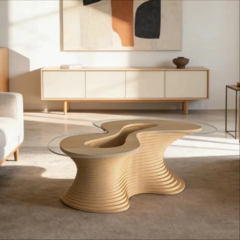 Wave wooden coffee table curved spiral design living room interior