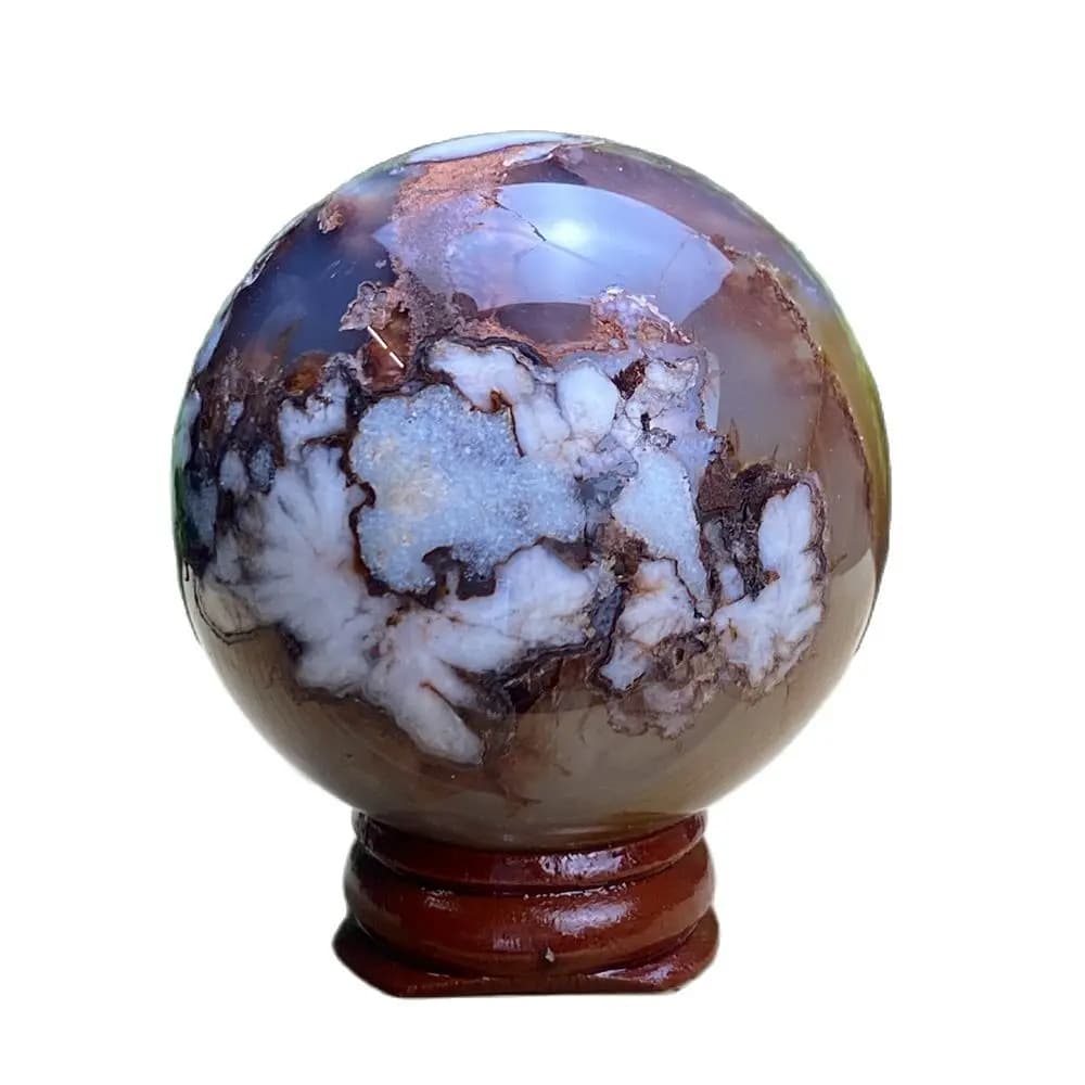Natural Red Cherry Blossom Agate Gem Energy Ball Reiki Healing Crystal Beauty Health Stone Witch  Home Decoration Prayer + Base